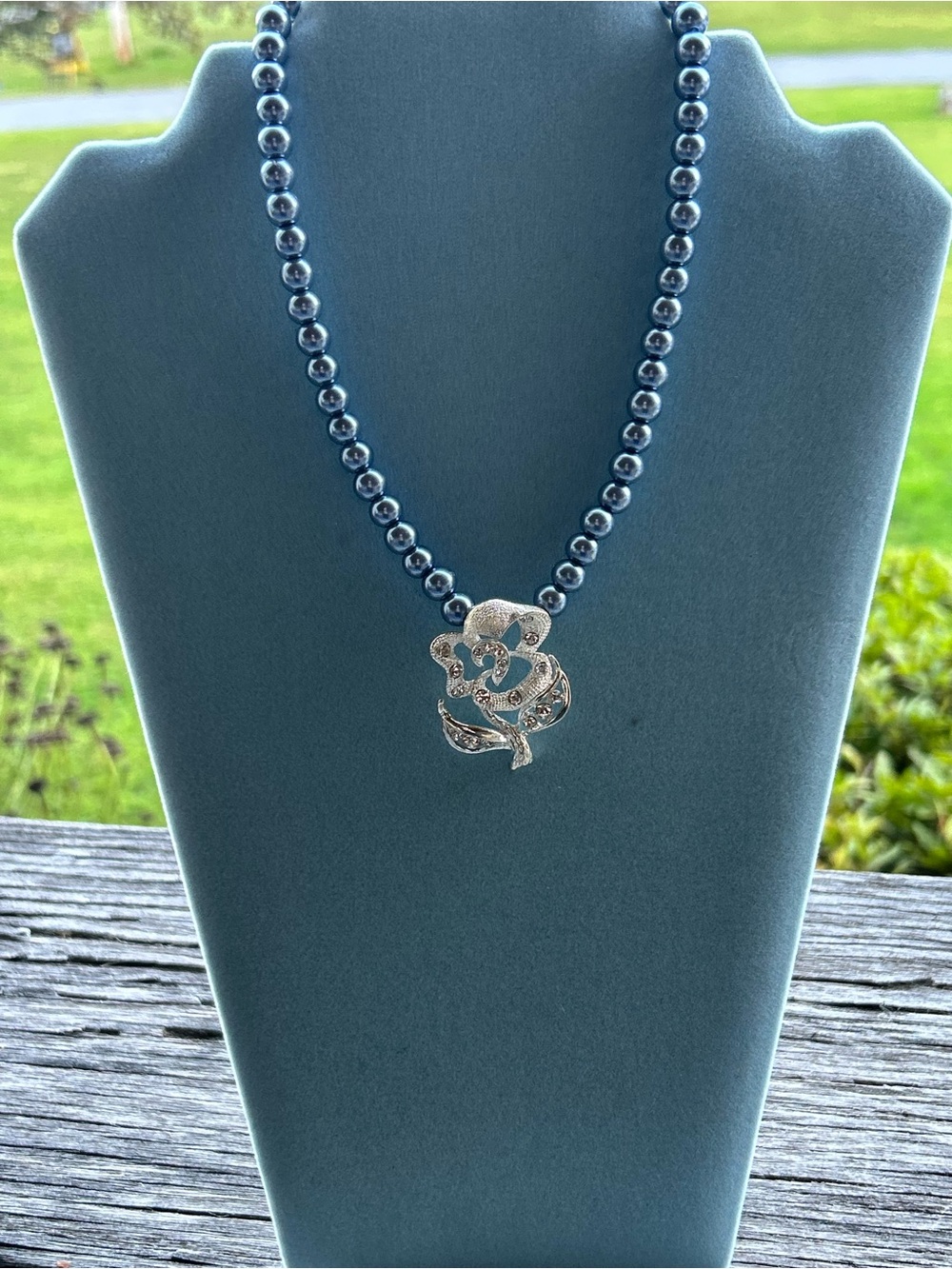Beautiful Blue Pearl Necklace with Silver Rose Rhinestone Pendant 15β